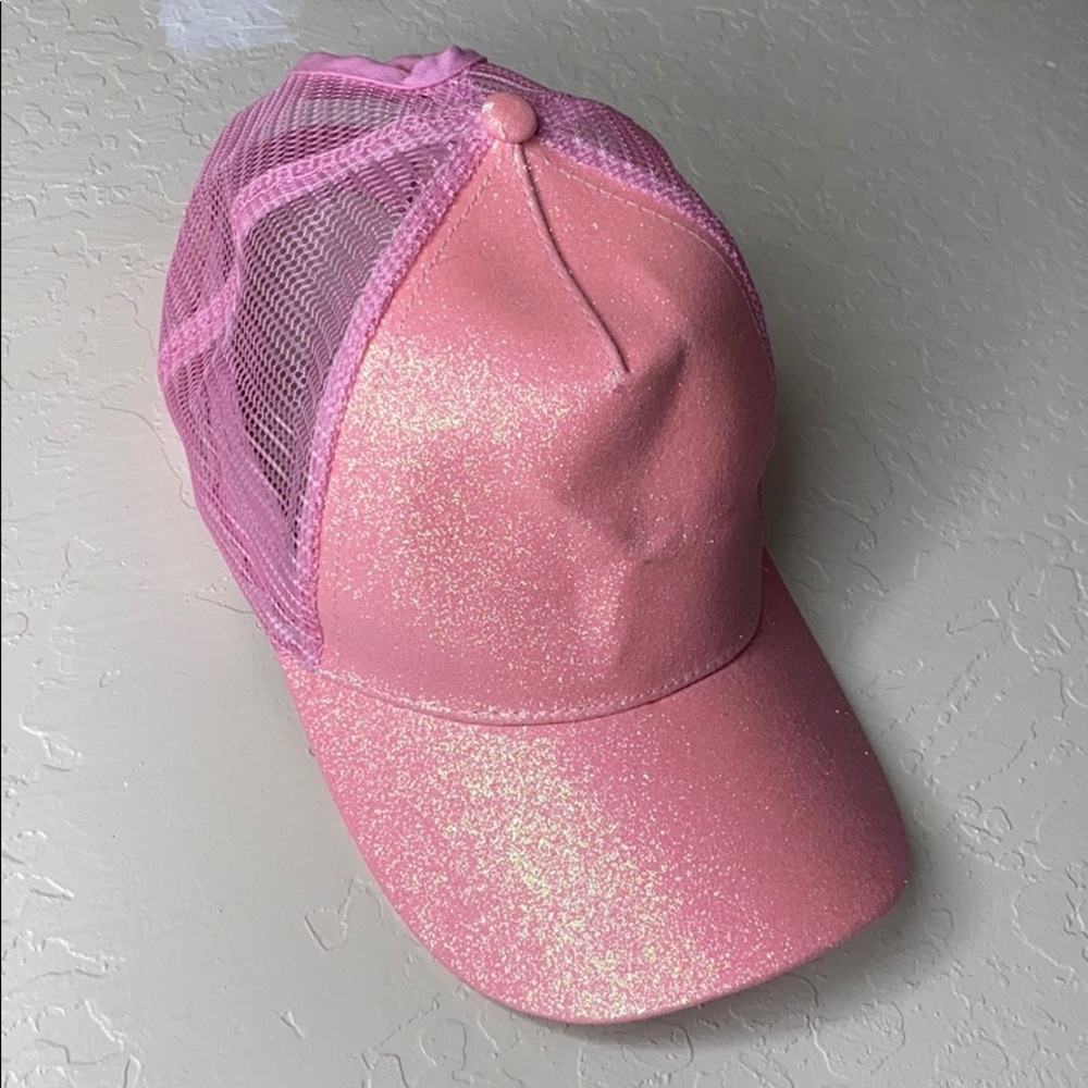 Pink Glitter Bun Ponytail Trucker Baseball Hat Cap